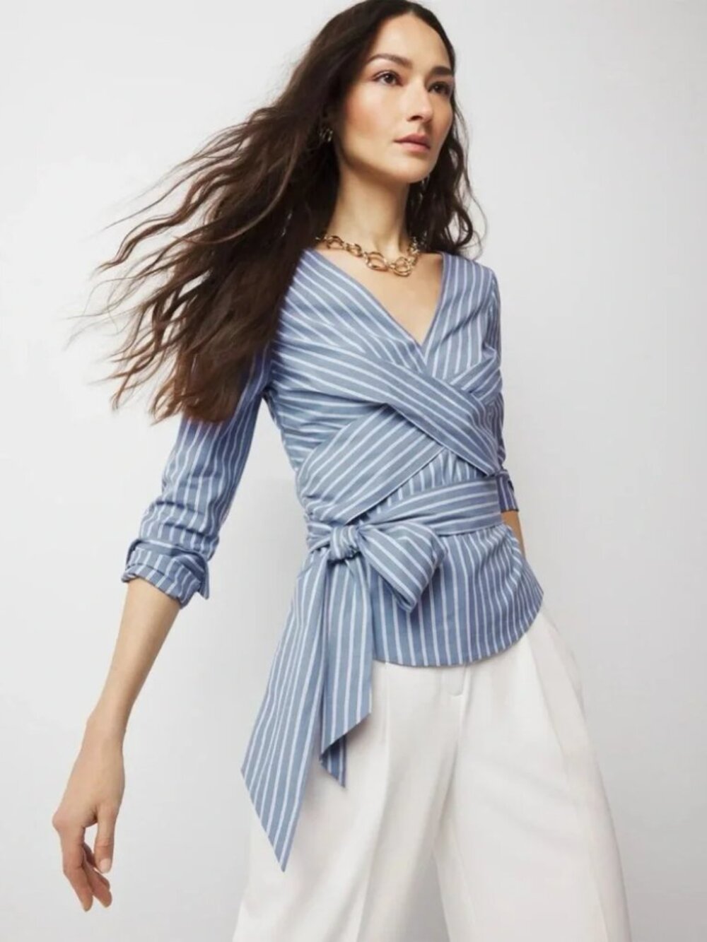 WHBM Blue White Nautical Stripe Twist-Front Tie-Waist Blouse Top Size 4 NWOT